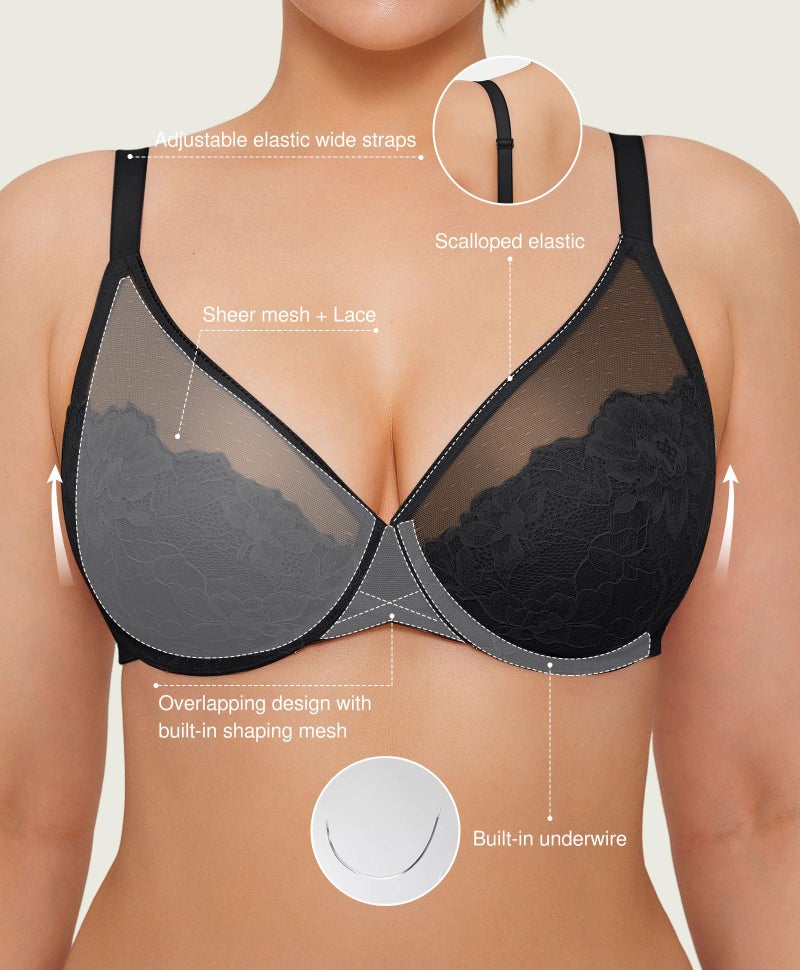 Popilush Minimizer Bras for Women, Lace Underwire Bra, Unlined Full Coverage with Comfortable Lift for Large Bust Size 3DDD Color Black - Image 3