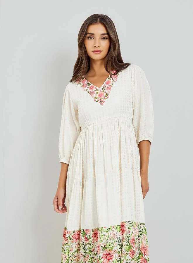 Styli Women Cream Floral Embroidered A-Line Maxi Dress