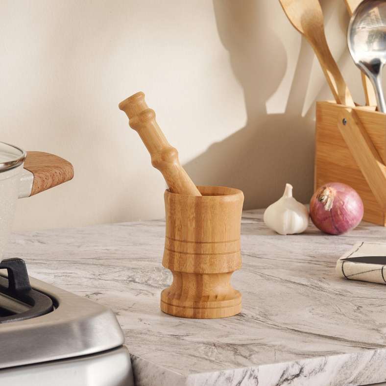 Pan Home طقم هاون ومدقة من الخيزران الطبيعي