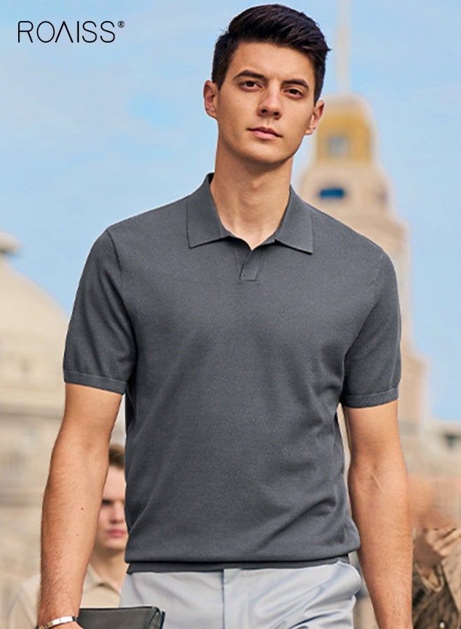 رويس قميص بولو رجالي صيفي بأكمام قصيرة، عالي الجودة، مناسب لممارسة رياضة الجولف، مصنوع من الحرير الجليدي الفاخر، مناسب للعمل والتنقل، رمادي - Image 1
