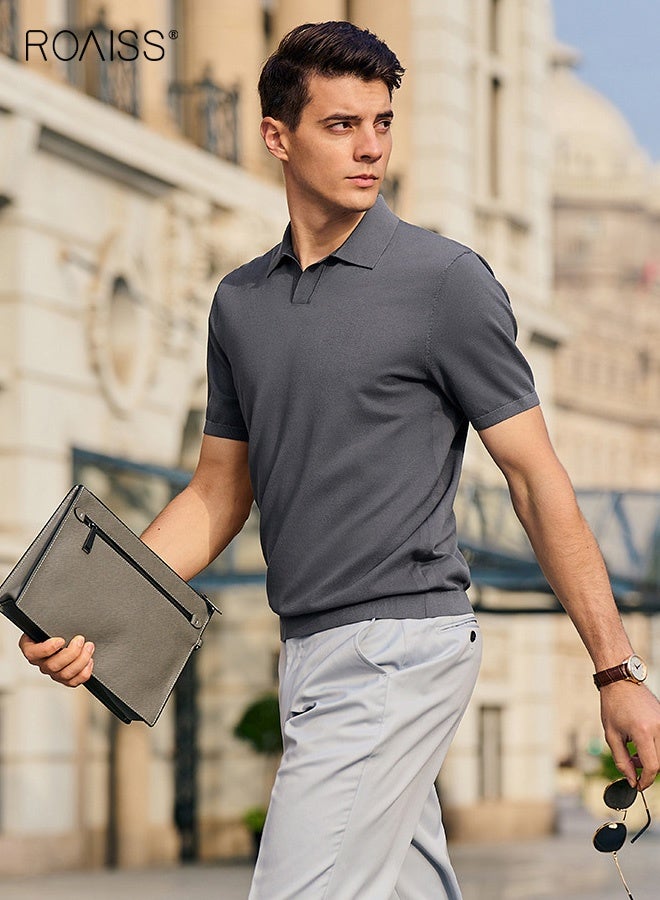 رويس قميص بولو رجالي صيفي بأكمام قصيرة، عالي الجودة، مناسب لممارسة رياضة الجولف، مصنوع من الحرير الجليدي الفاخر، مناسب للعمل والتنقل، رمادي - Image 5