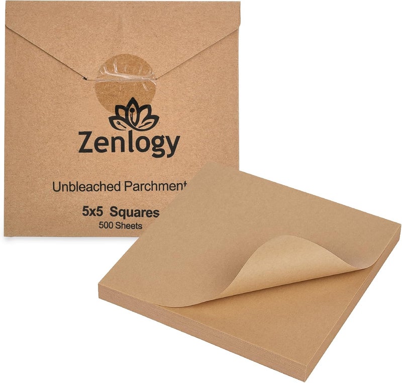 Zenlogy 5x5 Small Parchment Squares (500 sheets) - Unbleached, Non-stick, Pre-cut Parchment Paper- Ideal for Candy Wrappers, Liner Paper, Freezing and Storing, Separating, and Diamond Painting - Image 1