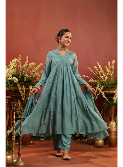 PRIYA’S PANACHE Premium Cadet Blue Mul Chanderi Anarkali Kurta Pant Dupatta Set | Festive Indian Dress Traditional Ethnic Wear for Women