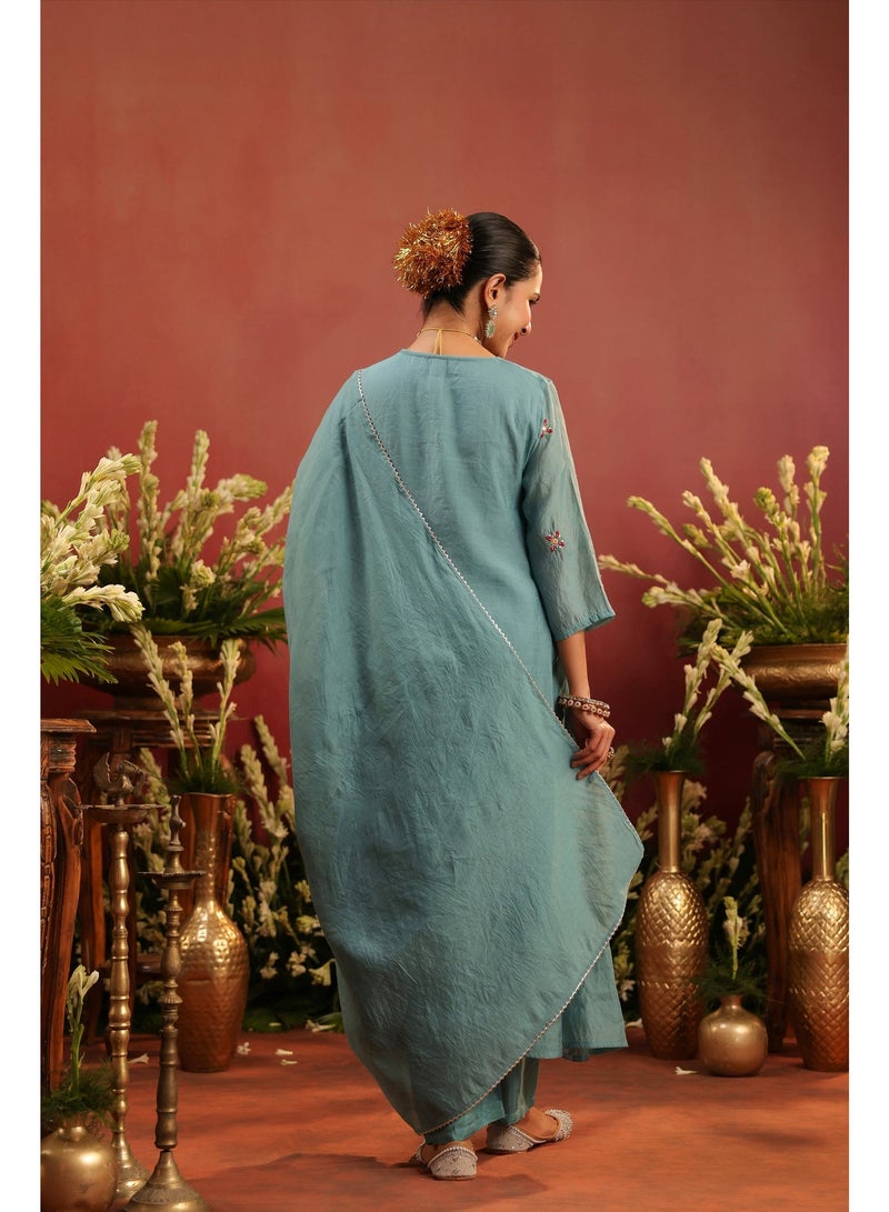 PRIYA’S PANACHE Premium Cadet Blue Mul Chanderi Anarkali Kurta Pant Dupatta Set | Festive Indian Dress Traditional Ethnic Wear for Women - Image 5