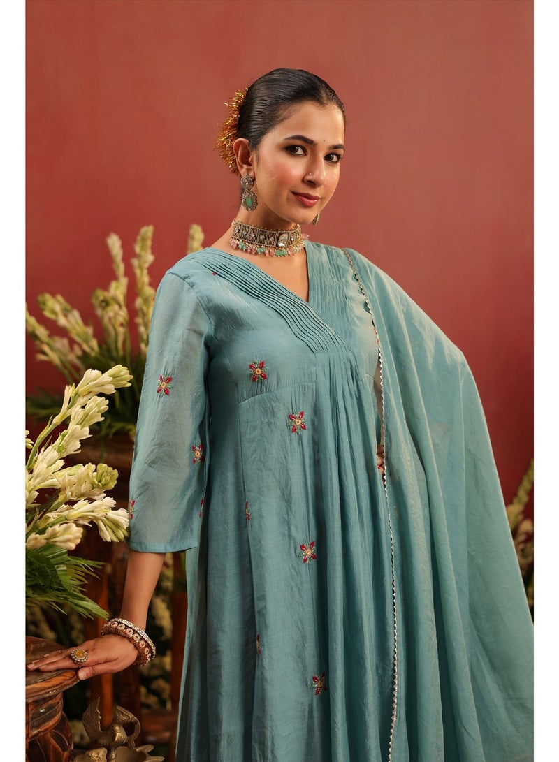 PRIYA’S PANACHE Premium Cadet Blue Mul Chanderi Anarkali Kurta Pant Dupatta Set | Festive Indian Dress Traditional Ethnic Wear for Women - Image 4