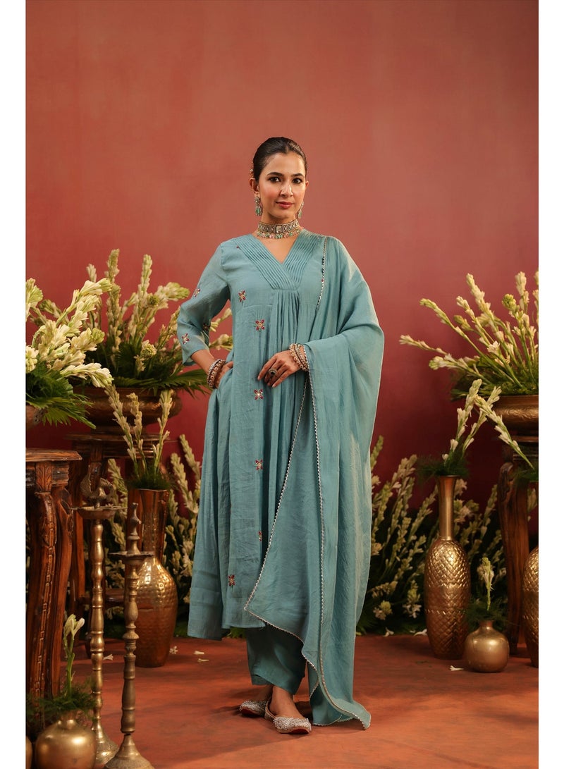 PRIYA’S PANACHE Premium Cadet Blue Mul Chanderi Anarkali Kurta Pant Dupatta Set | Festive Indian Dress Traditional Ethnic Wear for Women - Image 2