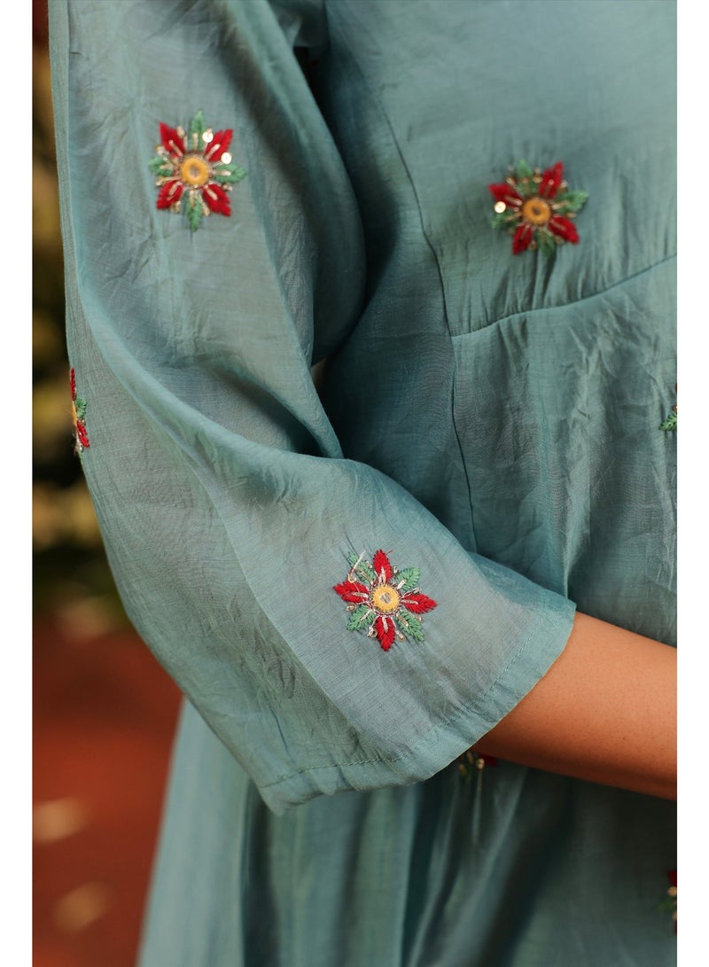 PRIYA’S PANACHE Premium Cadet Blue Mul Chanderi Anarkali Kurta Pant Dupatta Set | Festive Indian Dress Traditional Ethnic Wear for Women - Image 3