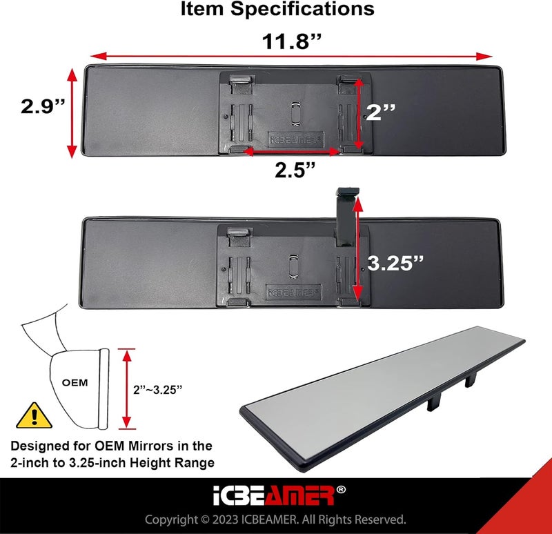 ICBEAMER 11.8 Inch Car Rearview Mirror, Panoramic Wide Angle, HD Clear Tint Glass, Interior Clip On Flat Car Mirror, Anti Glare, Automotive Accessories, Universal for Truck, Car, SUV, Pack of 1 Slow wear optimized quality - Image 5