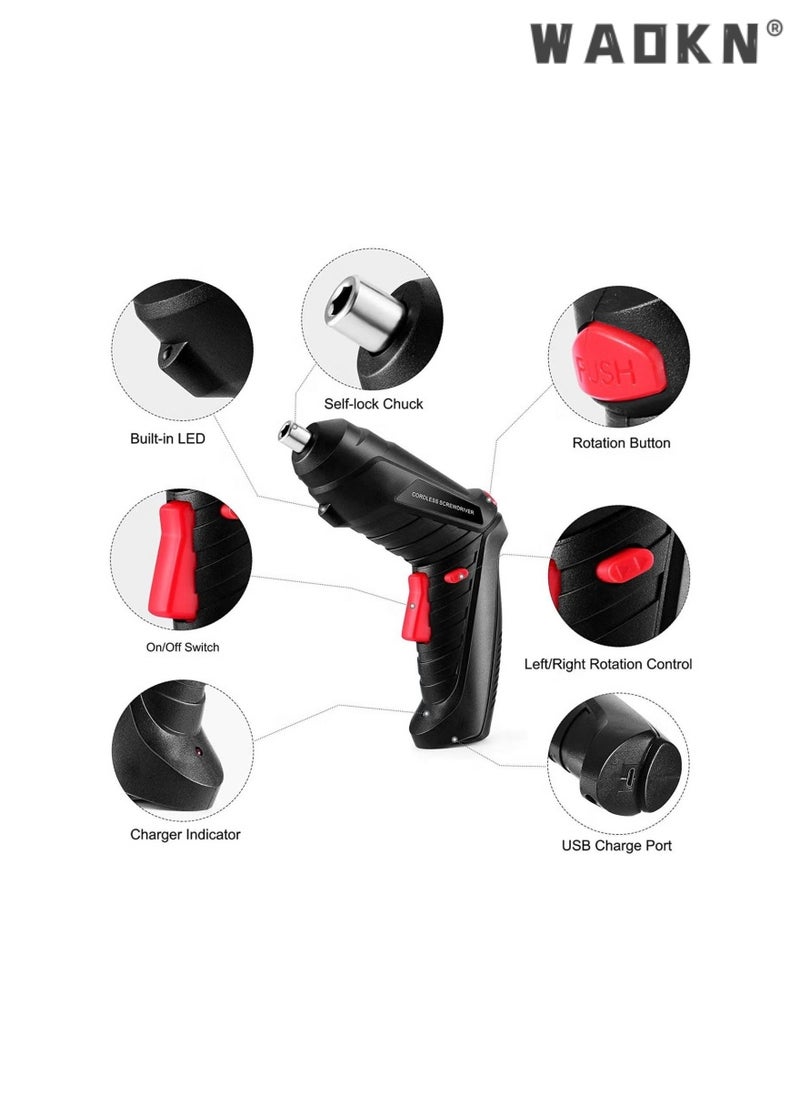 WAOKN 47 PCS Electric Screwdriver Set Rechargeable Folding Mini Electric Screwdriver Household,with Pivoting Handle & LED Light, Cordless Screwdriver Bit, USB Charging Cable, Carrying Case  - Image 2