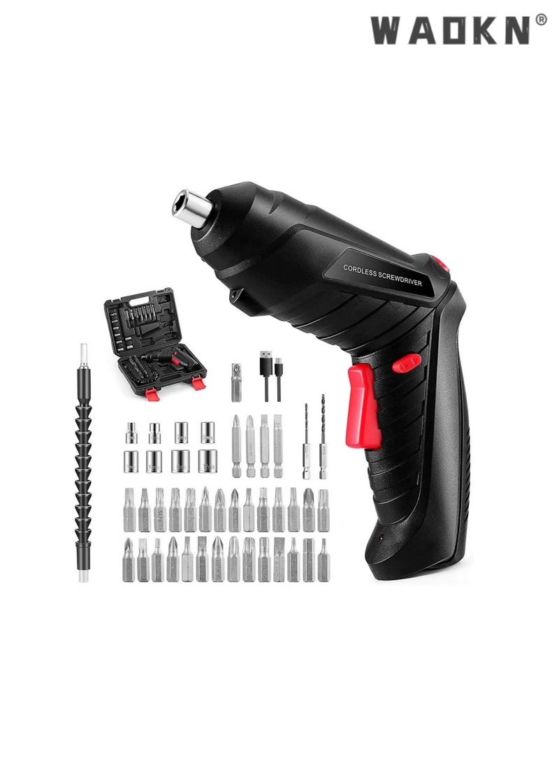 WAOKN 47 PCS Electric Screwdriver Set Rechargeable Folding Mini Electric Screwdriver Household,with Pivoting Handle & LED Light, Cordless Screwdriver Bit, USB Charging Cable, Carrying Case  - Image 1