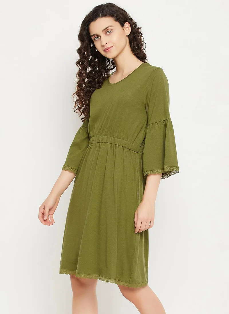Clovia Green Clovia Chic Basic Short Nighty in Olive Green - Modal for Women | Best Price UAE