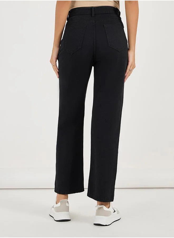 Styli Solid High Rise Straight Leg Jeans