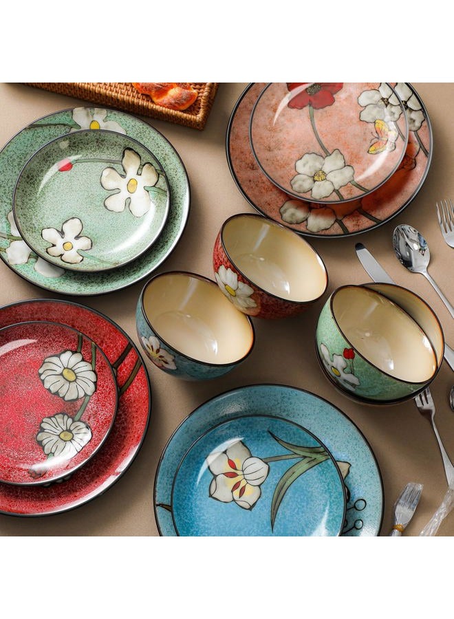 Maxdot 12 Pcs Ceramic Dinnerware Set: 4 Ceramic Dinner Plates, 4 Porcelain Bowls and 4 Floral Coffee Mugs(Including Cutlery), Glazing Process Gift Set for Kitchen Cafe, Dishwasher Microwave Safe - Image 3