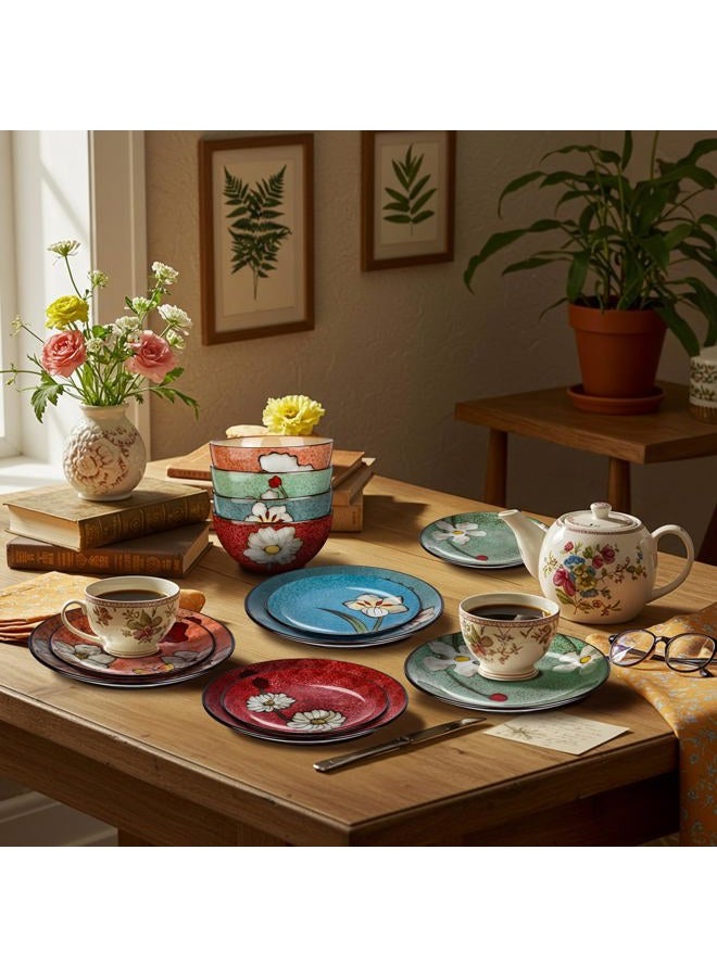 Maxdot 12 Pcs Ceramic Dinnerware Set: 4 Ceramic Dinner Plates, 4 Porcelain Bowls and 4 Floral Coffee Mugs(Including Cutlery), Glazing Process Gift Set for Kitchen Cafe, Dishwasher Microwave Safe - Image 5