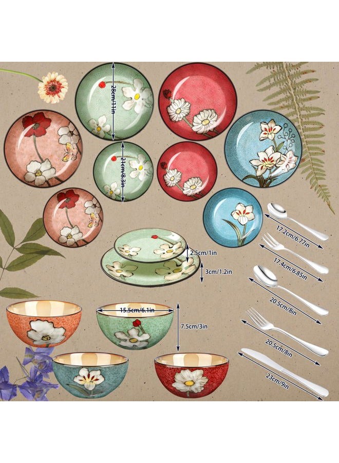 Maxdot 12 Pcs Ceramic Dinnerware Set: 4 Ceramic Dinner Plates, 4 Porcelain Bowls and 4 Floral Coffee Mugs(Including Cutlery), Glazing Process Gift Set for Kitchen Cafe, Dishwasher Microwave Safe - Image 2