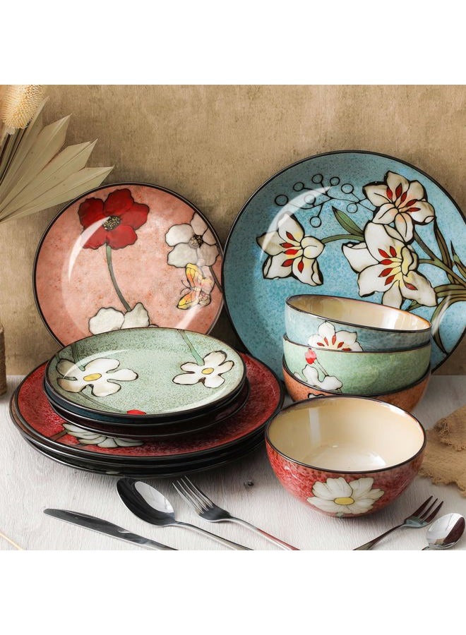 Maxdot 12 Pcs Ceramic Dinnerware Set: 4 Ceramic Dinner Plates, 4 Porcelain Bowls and 4 Floral Coffee Mugs(Including Cutlery), Glazing Process Gift Set for Kitchen Cafe, Dishwasher Microwave Safe - Image 4