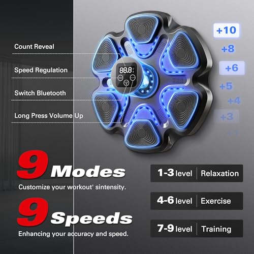 SPIEEK Music Boxing Machine with 9 Speeds & Modes for Adults, Boxing Machine Wall Mounted Music with Gloves, Smart Bluetooth, Gloves for Home and Gym, Training Machine with Electronic(Black) - Image 3