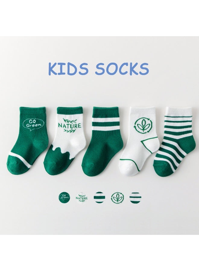 Combed Cotton Socks with nature Pattern, green/White, 0-8 Years Old, 5 Pairs Pack - Image 1