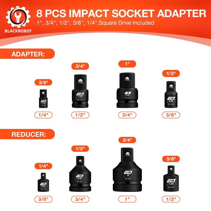 BLACKROBOT 8PCS Impact Socket Adapter Set, 1â€ 3/4â€ 1/4" 3/8" 1/2" Drive Socket Adapter Set, Square Adapter and Reducer Conversion Set for Impact Driver Wrench, Cr-Mo Steel - Image 2