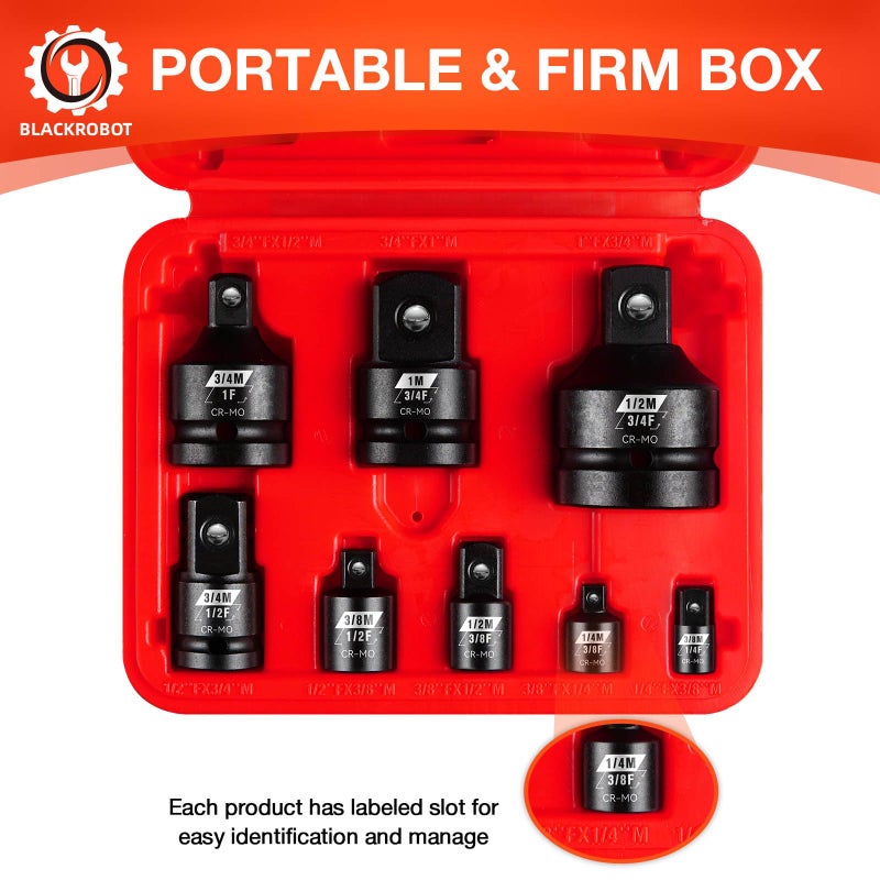 BLACKROBOT 8PCS Impact Socket Adapter Set, 1â€ 3/4â€ 1/4" 3/8" 1/2" Drive Socket Adapter Set, Square Adapter and Reducer Conversion Set for Impact Driver Wrench, Cr-Mo Steel - Image 5