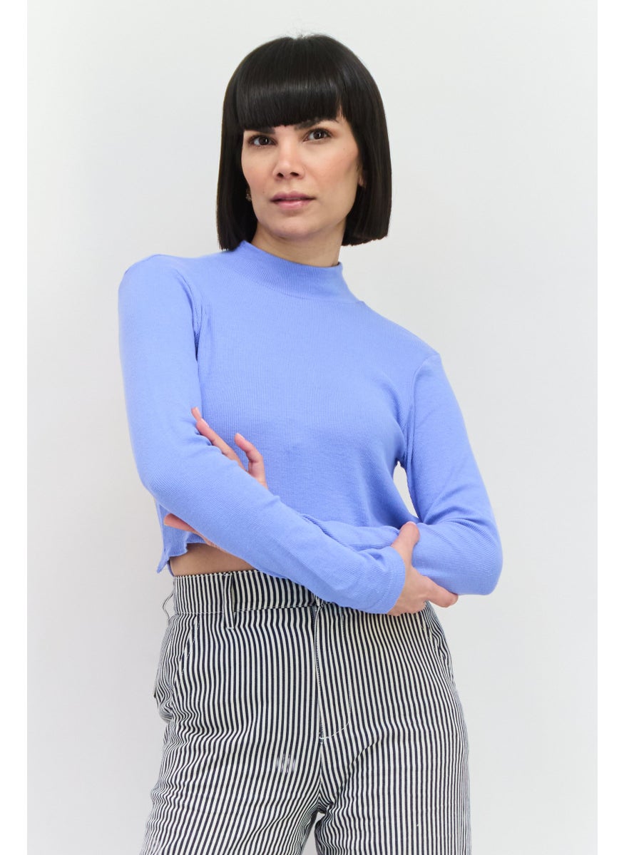 PUBLIC DESIRE Women High Neck Long Sleeves Ribbed Backless Top, Light Blue  - Image 1