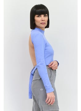 PUBLIC DESIRE Women High Neck Long Sleeves Ribbed Backless Top, Light Blue  - Image 3