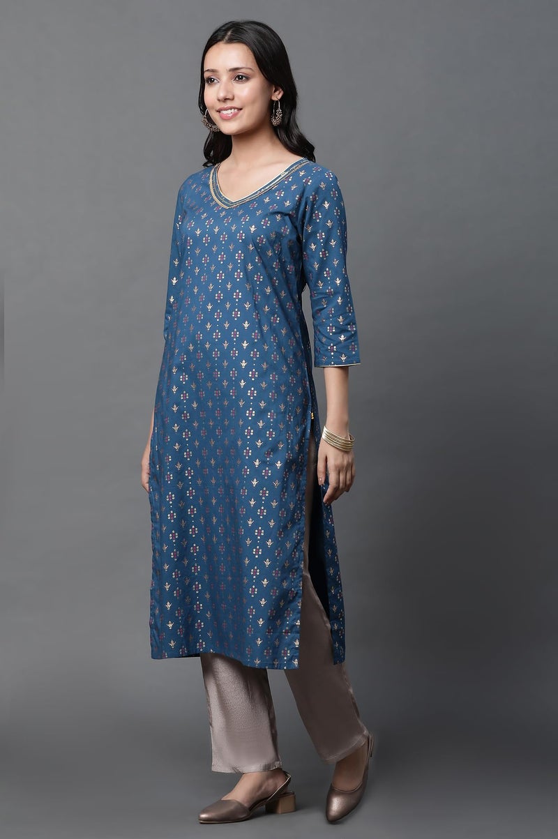Aurelia Geometric Printed Printed Cotton Straight Long Kurta with Lace - Image 3
