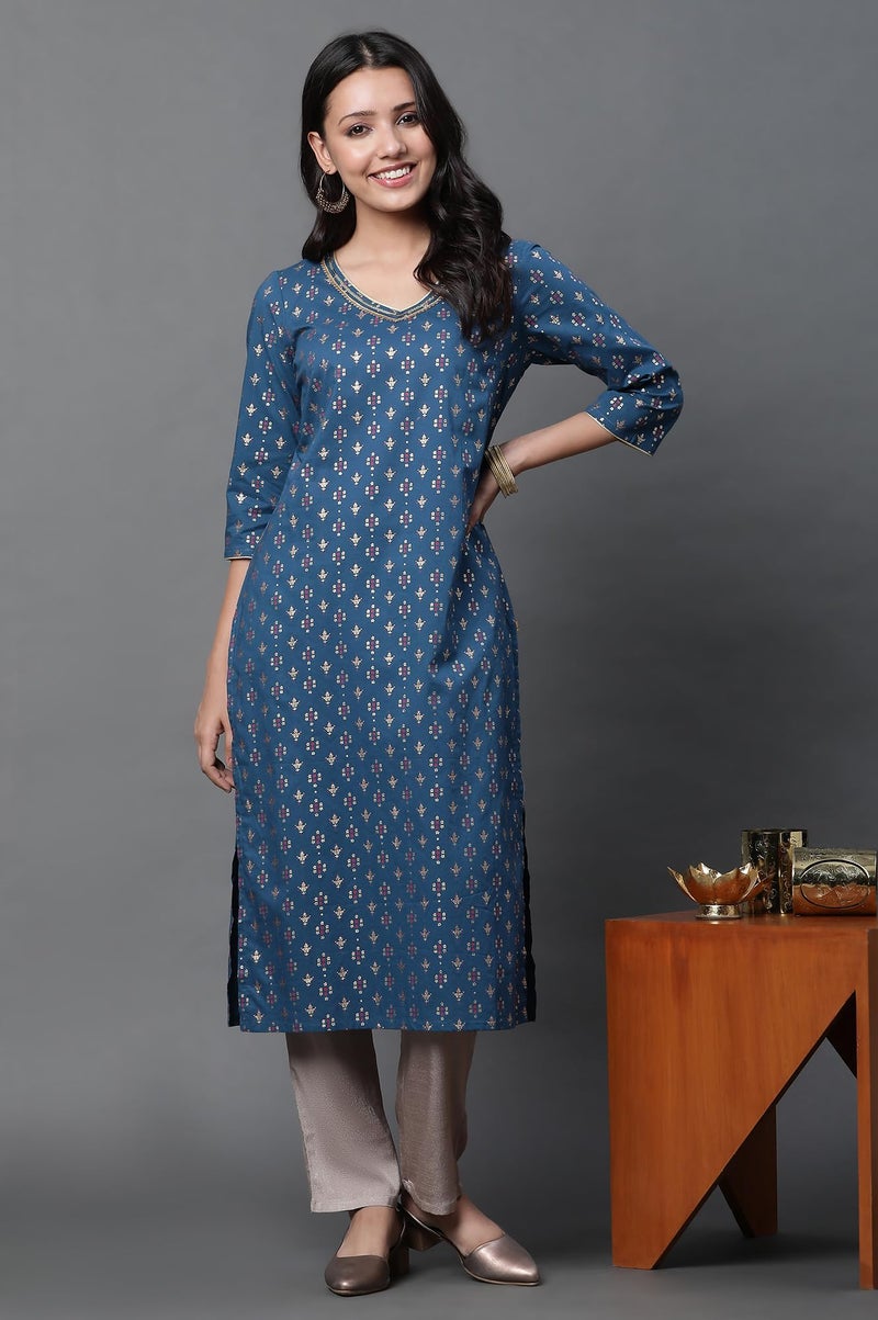 Aurelia Geometric Printed Printed Cotton Straight Long Kurta with Lace - Image 2