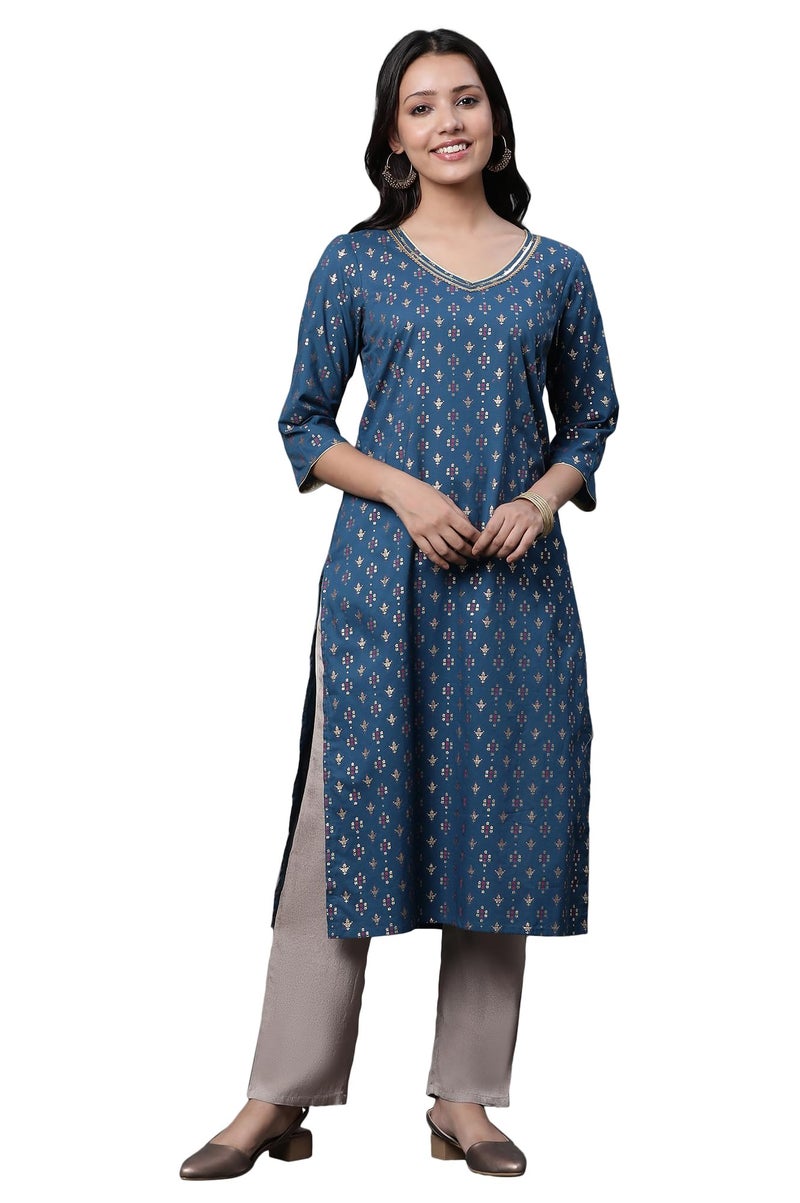 Aurelia Geometric Printed Printed Cotton Straight Long Kurta with Lace - Image 1