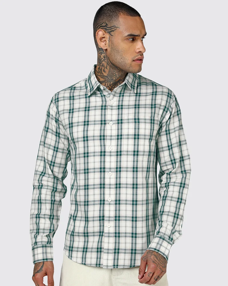 bewakoof Men's Off White & Green Checked Shirt