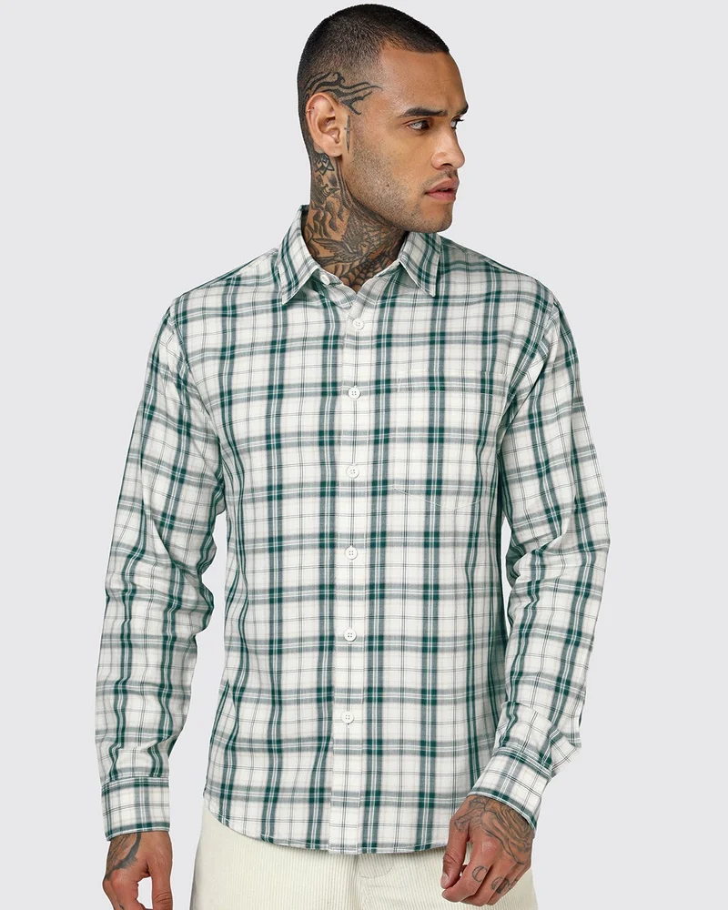 بيواكوف Men's Off White & Green Checked Shirt