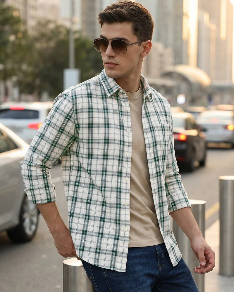 بيواكوف Men's Off White & Green Checked Shirt