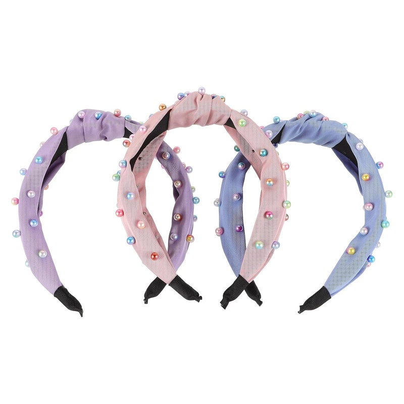 3pcs Wide Knotted Faux Pearl Headbands for Women, Colorful Beaded Turban Hair Hoops, Fall Accessories for Adult Hairstyles - Image 1