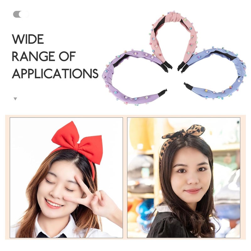 3pcs Wide Knotted Faux Pearl Headbands for Women, Colorful Beaded Turban Hair Hoops, Fall Accessories for Adult Hairstyles - Image 3