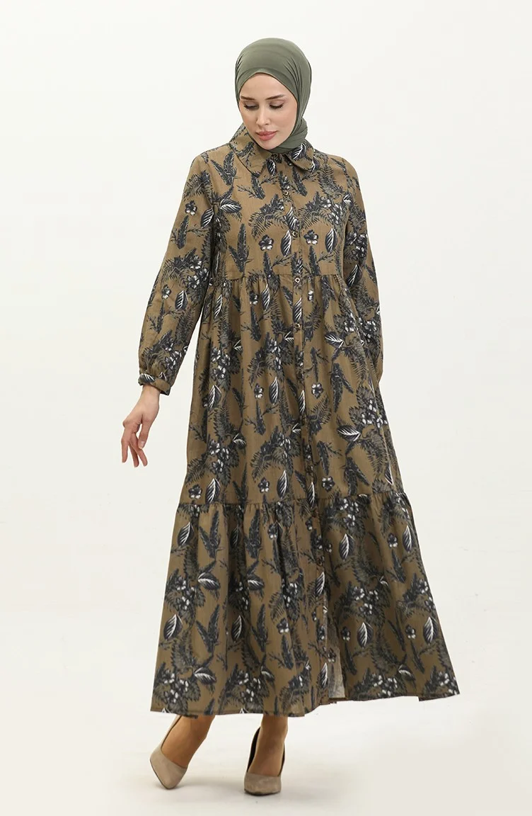 Sefa Merve Buttoned Dress 1891C-01 Khaki Green