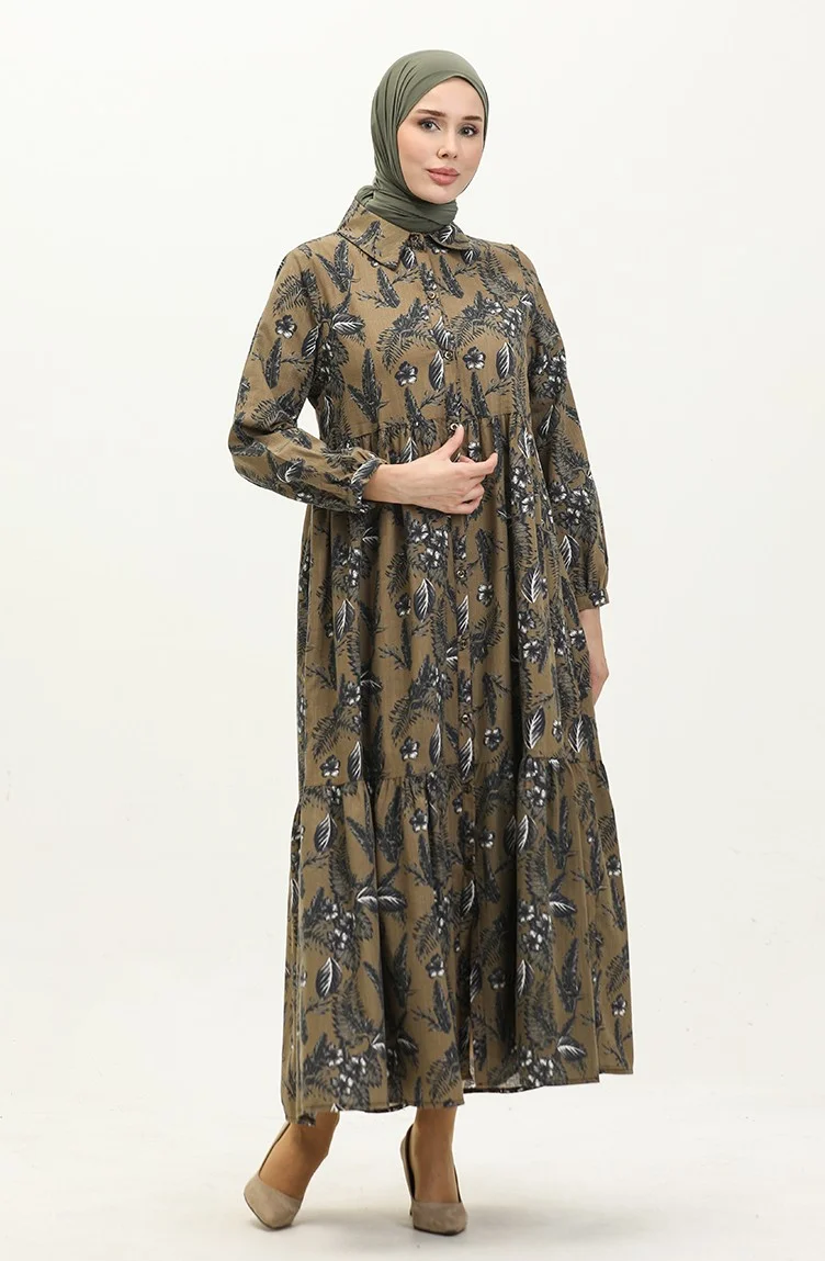 Sefa Merve Buttoned Dress 1891C-01 Khaki Green