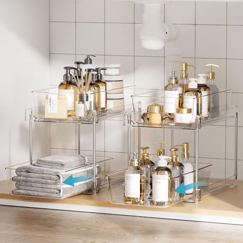 Vtopmart 4 Pack Bathroom Organizer, 2 Tier Clear Under Sink Organizers Vanity Countertop Storage Container,Cabinet Drawers Bins, Pull-Out Organization with Track for Pantry, Kitchen - Image 4