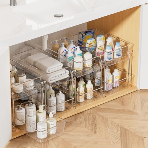 Vtopmart 4 Pack Bathroom Organizer, 2 Tier Clear Under Sink Organizers Vanity Countertop Storage Container,Cabinet Drawers Bins, Pull-Out Organization with Track for Pantry, Kitchen - Image 1