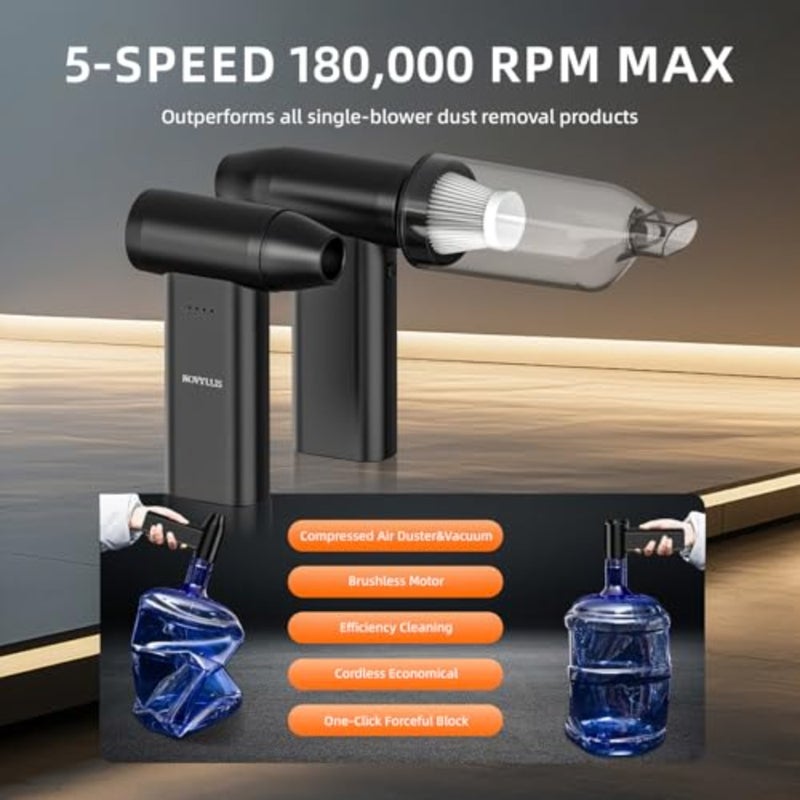 Electric Compressed Air Duster Mini Blower Cordless with Computer Vacuum Cleaner kit Lighting 180, 000 RPM 5 Speed Handheld 3 in 1 USB-C for pc Keyboards Home Car BBQ Grill - Image 3