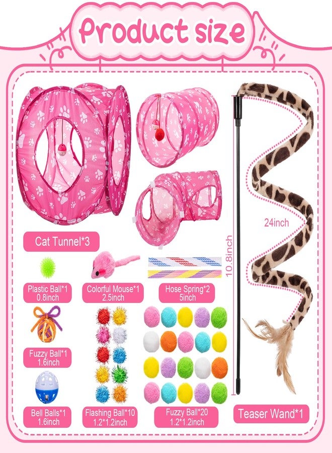 Leitee 40 Pcs Cat Toys Kitten Toys Assortments, Variety Toy Set Including 3 Pink Cat Paws Way Tunnel, Cats Feather Teaser, Fuzzy Mice, Crinkly Ball, Springs, Colorful Balls and Bells for Indoor Pet - Image 2