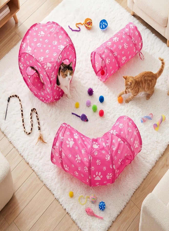 Leitee 40 Pcs Cat Toys Kitten Toys Assortments, Variety Toy Set Including 3 Pink Cat Paws Way Tunnel, Cats Feather Teaser, Fuzzy Mice, Crinkly Ball, Springs, Colorful Balls and Bells for Indoor Pet - Image 5
