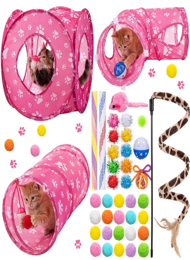 Leitee 40 Pcs Cat Toys Kitten Toys Assortments, Variety Toy Set Including 3 Pink Cat Paws Way Tunnel, Cats Feather Teaser, Fuzzy Mice, Crinkly Ball, Springs, Colorful Balls and Bells for Indoor Pet - Image 1
