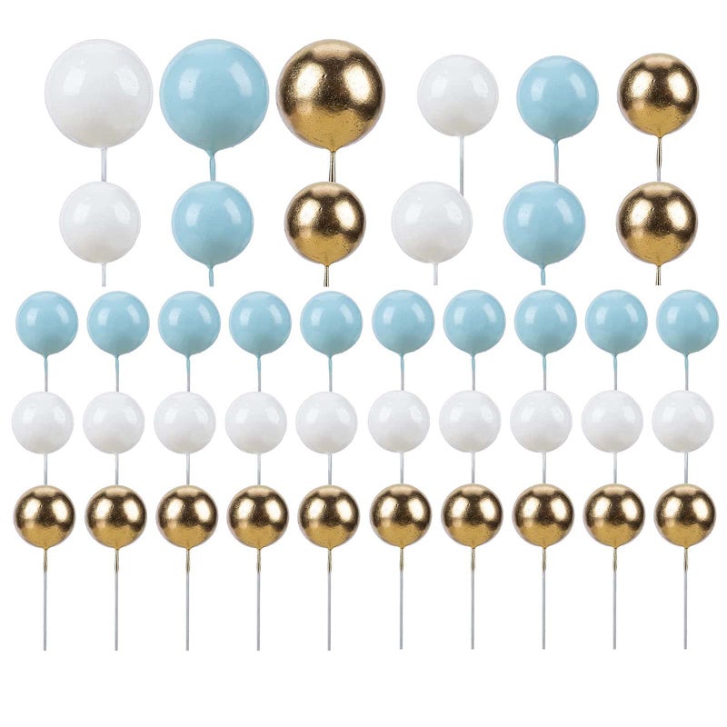 Sricam 42pcs Balloon Cake Topper, Ball Cake Decorations Acrylic Cake Topper Mini Balloon DIY Cake Insert Cupcake Topper for Birthday Party Wedding Baby Shower Cake Decorations (White,Blue,Gold) - Image 1