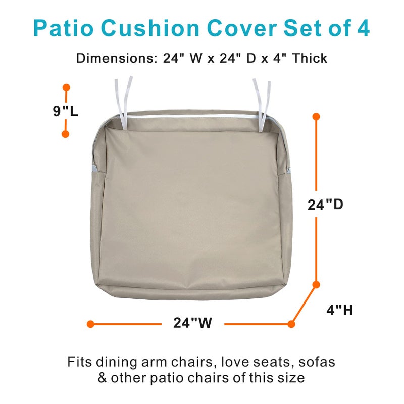 NettyPro Outdoor Cushion Slipcovers Waterproof 4 Pack Patio Chair Seat Cushion Covers with Zipper and Tie, 24 x 24 x 4 Inch, Replacement Cover Only, Khaki - Image 5