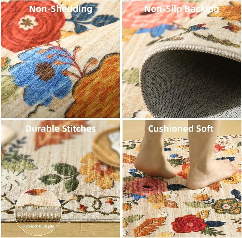 palohom سجاد قابل للغسل لغرفة المعيشة: سجاد بمقاس 6x9 لغرفة النوم بتصميم زهور عتيق كبير مقاوم للبقع وغير قابل للانزلاق وذو كومة منخفضة من الصوف الصناعي سجاد ناعم للمداخل وغرف الطعام بجانب السرير والمطبخ ورياض الأطفال - Image 4
