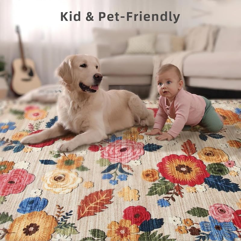 palohom سجاد قابل للغسل لغرفة المعيشة: سجاد بمقاس 6x9 لغرفة النوم بتصميم زهور عتيق كبير مقاوم للبقع وغير قابل للانزلاق وذو كومة منخفضة من الصوف الصناعي سجاد ناعم للمداخل وغرف الطعام بجانب السرير والمطبخ ورياض الأطفال - Image 3