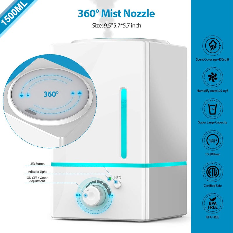 Exqline 1500ml Large Aroma Essential Oil Diffuser - Aromatherapy Humidifier for Large Room (White) - Image 3