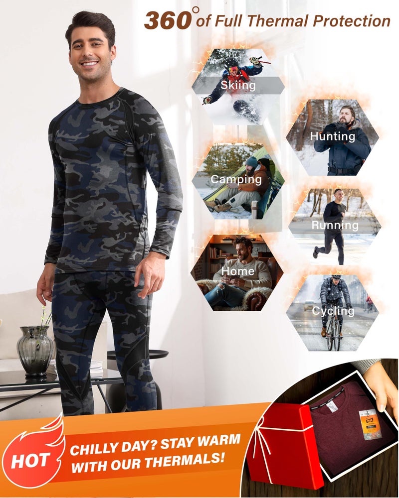 Muezna Men's Thermal Top and Bottom Set Underwear Long Johns Base Layer with Soft Fleece Lined - Blue Camo, Large - Image 5