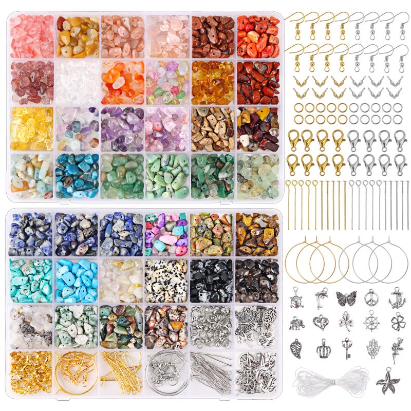 QUEFE 720pcs Crystal Chips Beads Ring Making Kit 40 Colors Crystal Chips and Gemstone Beads for Jewelry Making Crystal Beads for Ring Bracelets Earring Making Supplies Craft Gifts