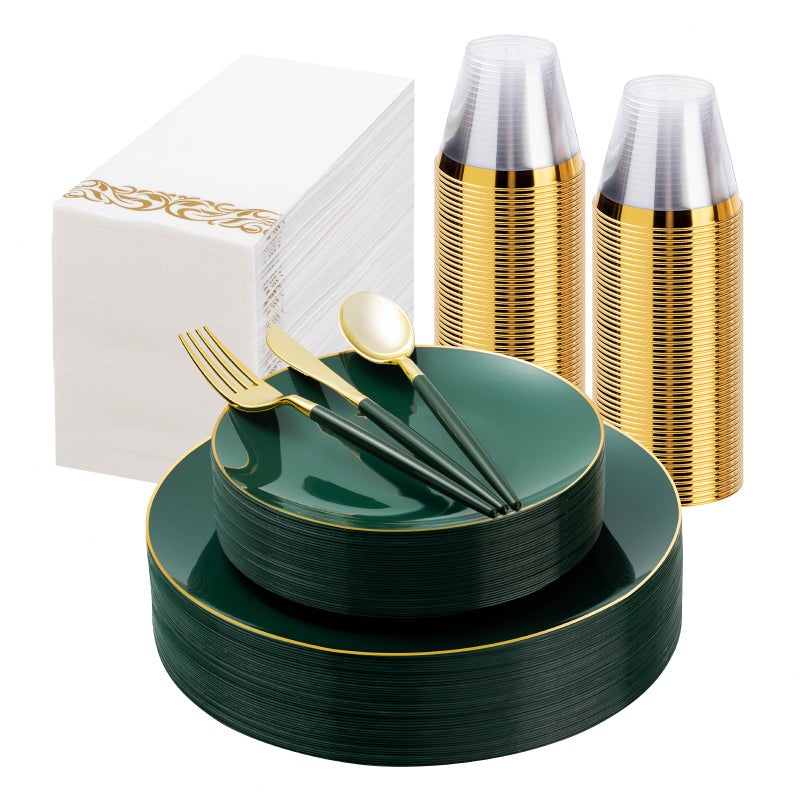 175 Pieces Green Gold Plastic Dinnerware Set Gold Disposable Plates for Party Include 50 Green Plates with 75 Plastic Cutlery 25 Napkins and 25 Cups